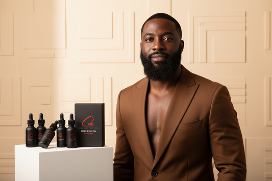 Black History Month with man and complete beard oil collection